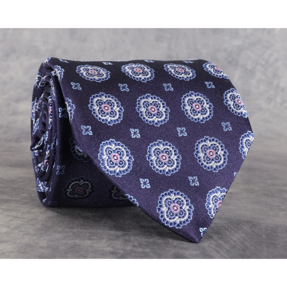 Robert Talbott 100% Silk Necktie Blue Pink Medallion‎ Geometric Hand Sewn USA